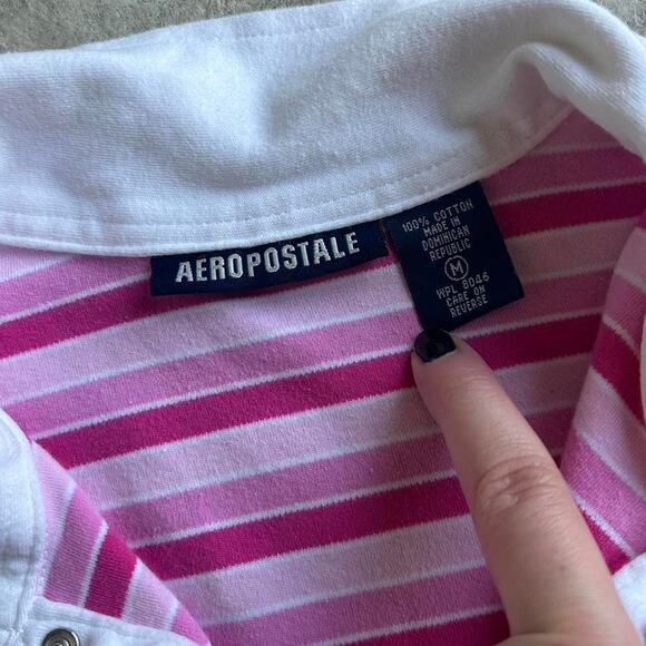 2000s Y2K Aeropostale Pink Striped Long Sleeve Preppy Polo Womens Size Medium - Picture 3 of 5